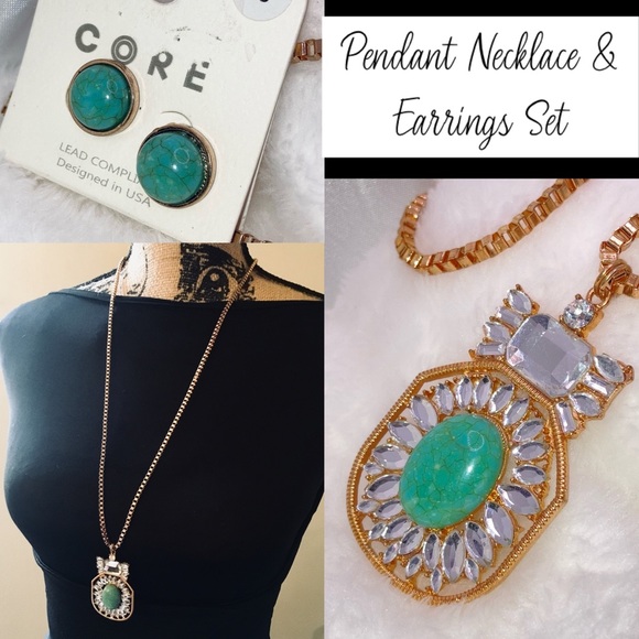 Stylish Turquoise Pendant Necklace & Earrings Set - Picture 1 of 5